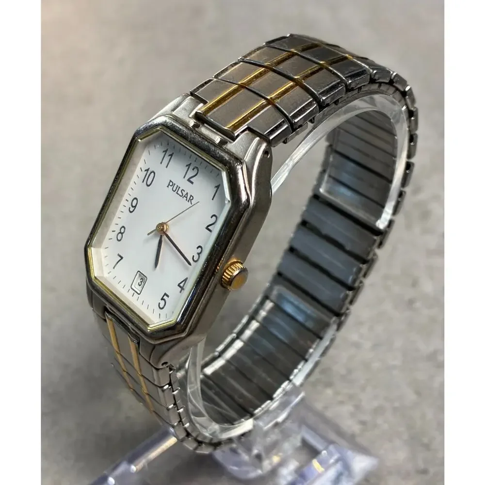Pulsar Tank Style Men's Quartz Watch Two Tone White Dial Rare VJ32-X166 Working